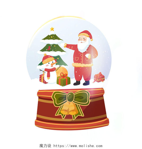 红色手绘卡通圣诞节水晶球圣诞老人雪人圣诞树元素PNG素材